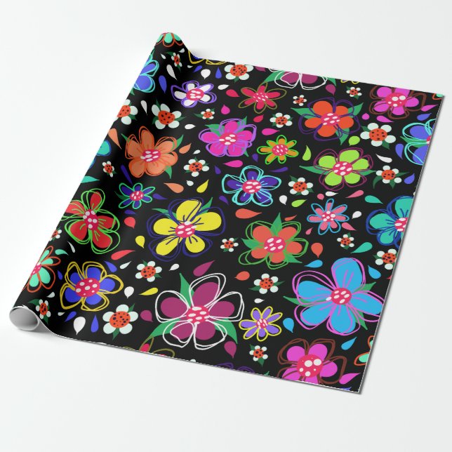 Boho Bright Flowers on Black Any Occasion  Wrapping Paper (Unrolled)