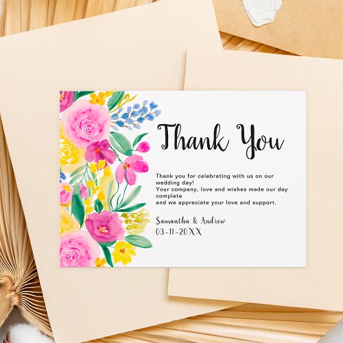 Boho bright flowers script boho wedding  thank you card