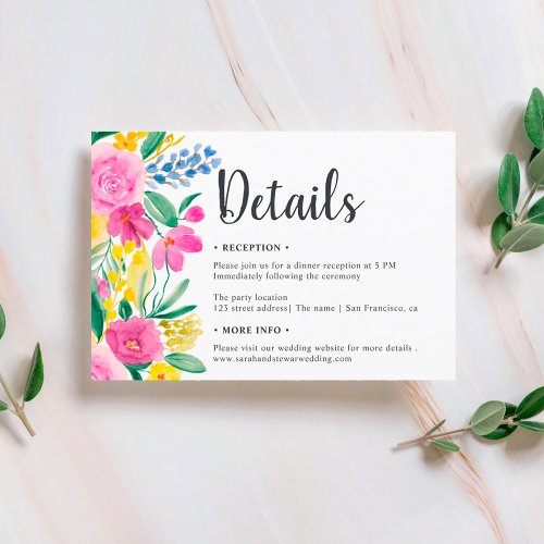 Boho bright flowers script details wedding invitation