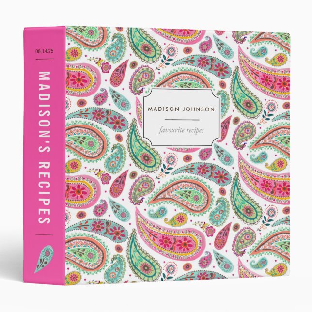 Boho bright pink recipe paisley flowers pattern 3 ring binder (Front/Spine)