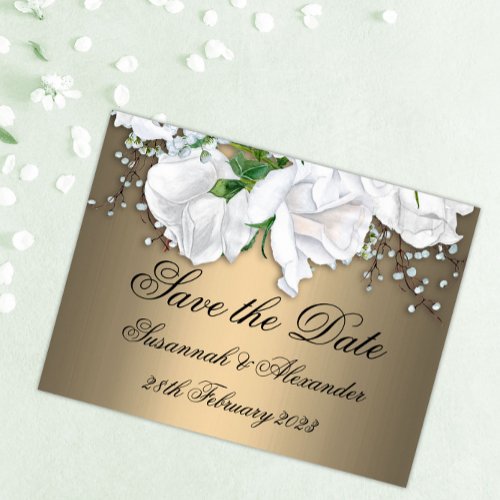 Boho Bronze and White Roses Save the Date Wedding  Announcement Postcard