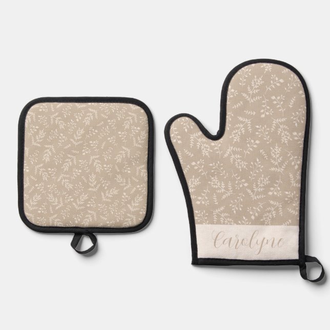 Boho Brown and Ivory Foliage Pattern Personalized Oven Mitt & Pot Holder Set (Front)
