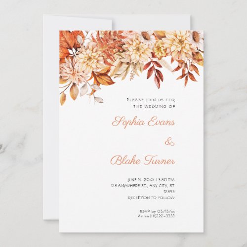 Boho Brown and Orange Floral Winter White Wedding Invitation