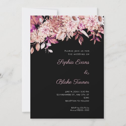Boho Brown and Pink Floral Winter Black Wedding Invitation