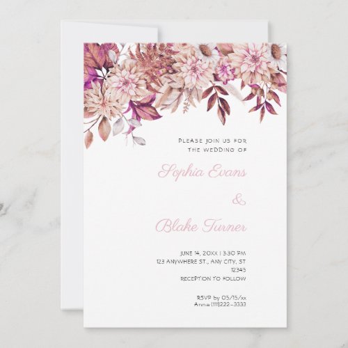 Boho Brown and Pink Floral Winter White Wedding Invitation