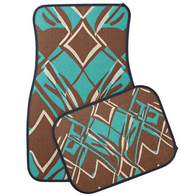 Boho Brown and Turquoise Geometric Shapes Pattern  Car Floor Mat (Set)