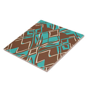 Boho Brown and Turquoise Geometric Shapes Pattern Ceramic Tile