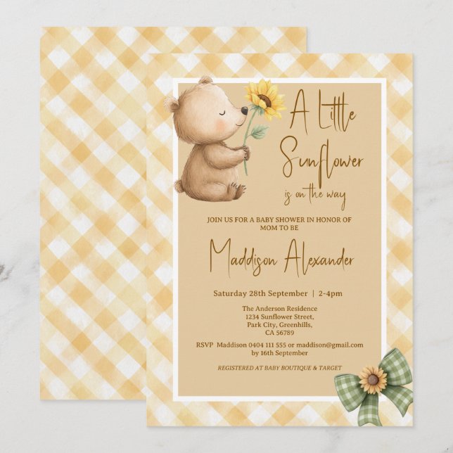 Boho Brown Bear Sunflower Baby Shower Invitation (Front/Back)