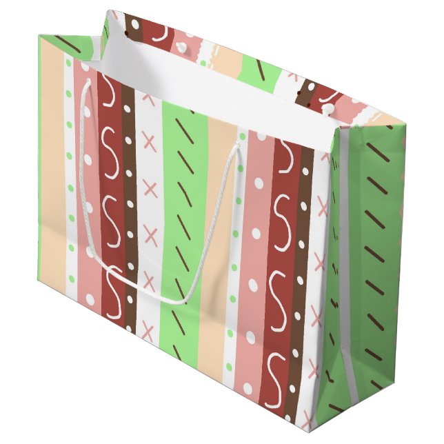 Boho Brown, Burgundy, Green and Mauve Whimsical Large Gift Bag (Front Angled)