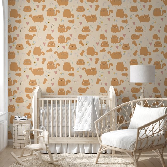 Boho Brown Cats & Rainbows Pale Brown Nursery Wallpaper (Kids)
