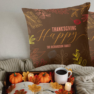 Boho Brown Fall Foliage Thanksgiving Family Name Throw Pillow