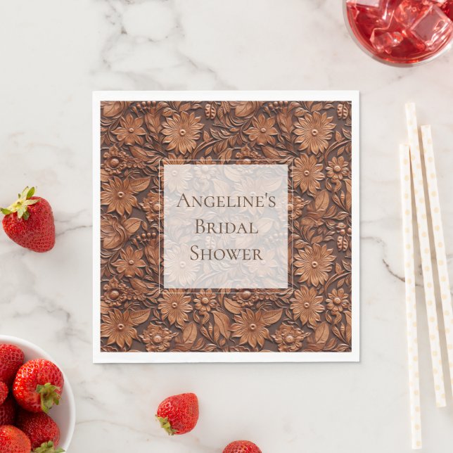 Boho Brown Faux Leather Floral Bridal Shower Napkins (Insitu)