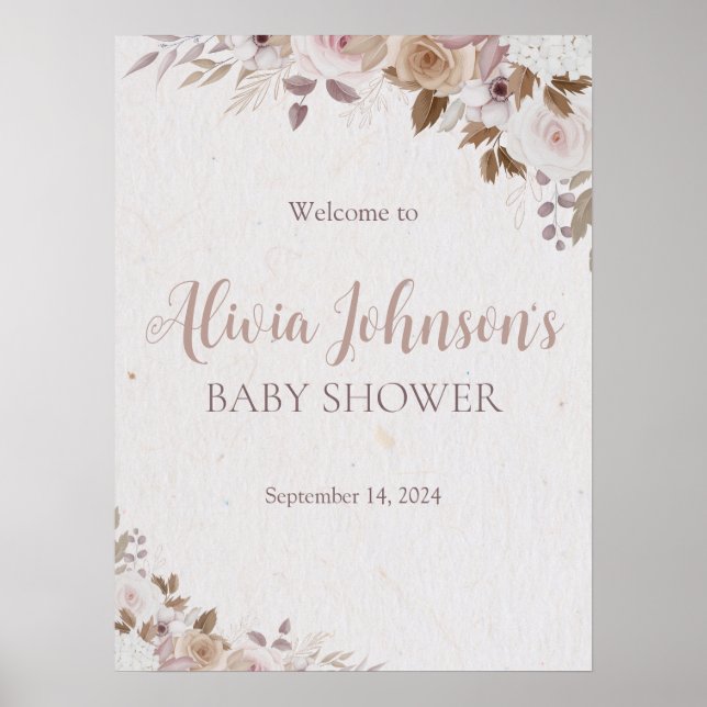 Boho Brown Floral Baby Shower Poster (Front)