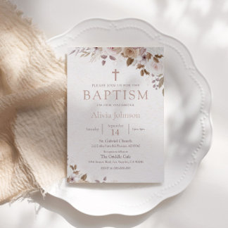 Boho Brown Floral Baptism Christening Invitation