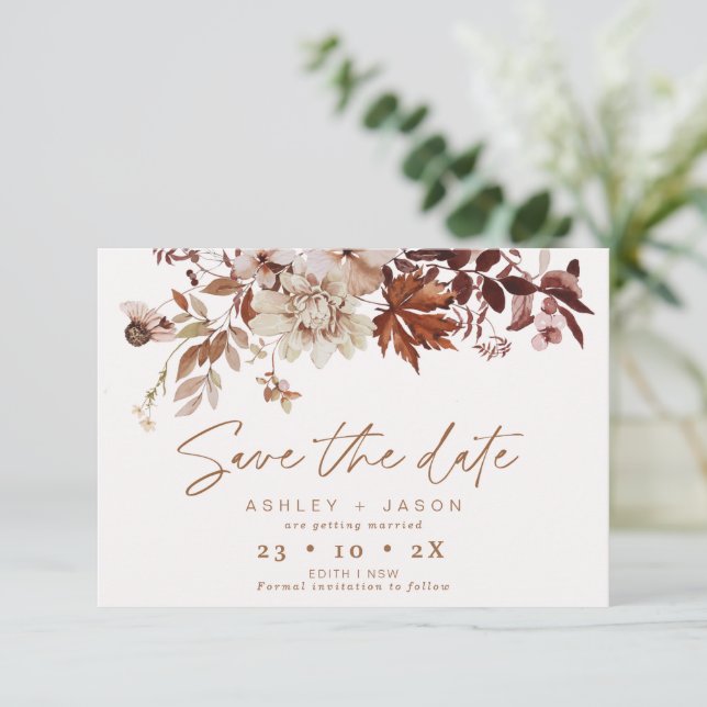 Boho Brown Floral Fall Wedding Save The Date Card (Standing Front)