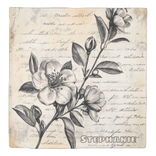 Boho Brown Floral Sketch Vintage Parchment Duvet Cover