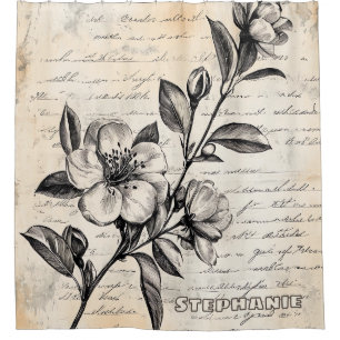 Boho Brown Floral Sketch Vintage Parchment Shower Curtain