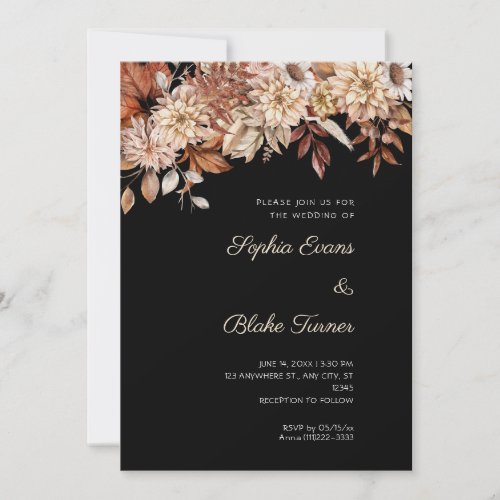 Boho Brown Floral Winter Black Wedding Invitation