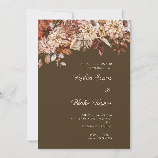 Boho Brown Floral Winter Coffee Brown Wedding Invitation (Front)