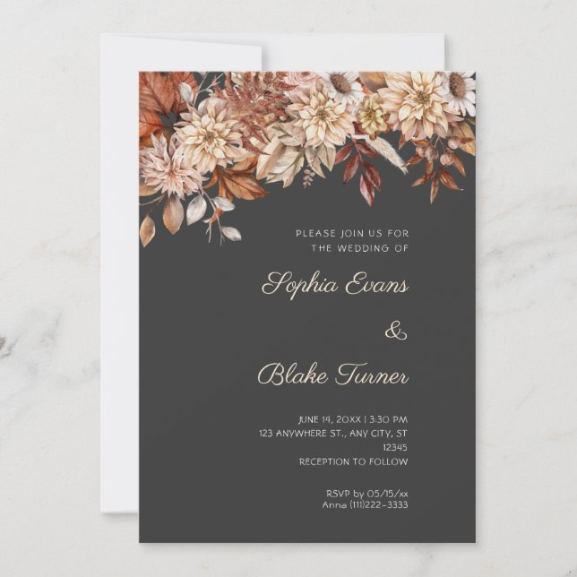 Boho Brown Floral Winter Pebble Gray Wedding Invitation (Front)