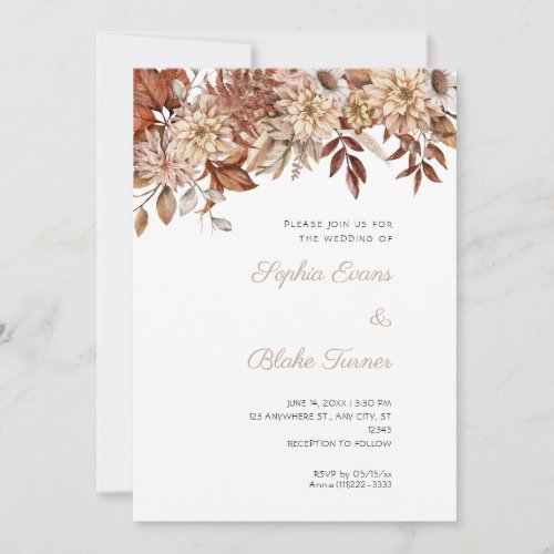Boho Brown Floral Winter White Wedding Invitation