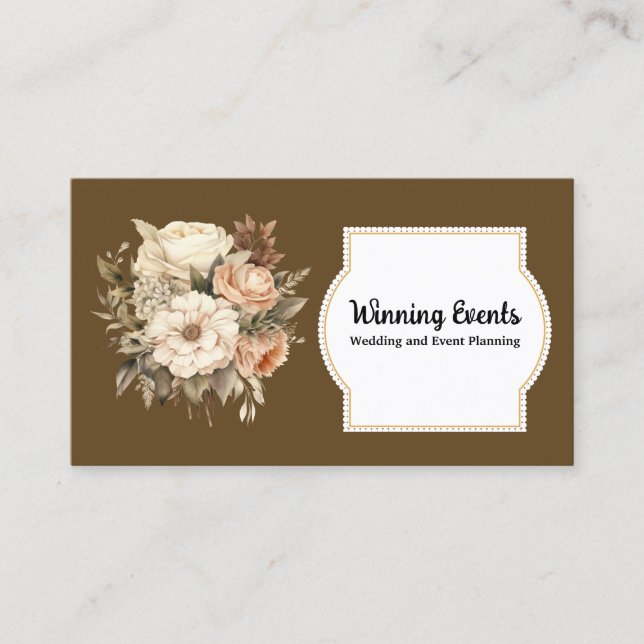 Boho Brown Gold Floral Business Card (Front)