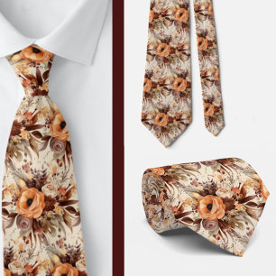Boho Brown Gold Floral Watercolor Flowers Wedding  Neck Tie