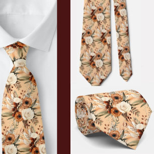 Boho Brown Gold Floral Watercolor Flowers Wedding Neck Tie