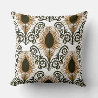 Boho Brown & Gold Jewel Tone Peacock Feather Throw Pillow