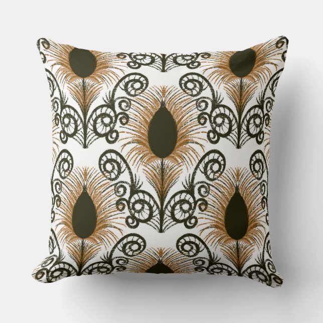 Boho Brown & Gold Jewel Tone Peacock Feather  Throw Pillow (Front)