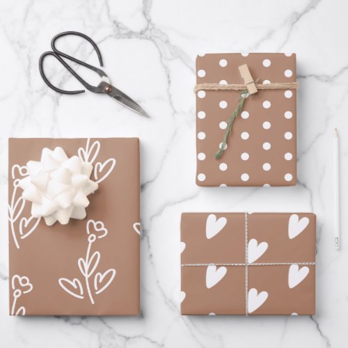Boho Brown Hearts Flowers Polka Dots Wrapping Paper Sheets