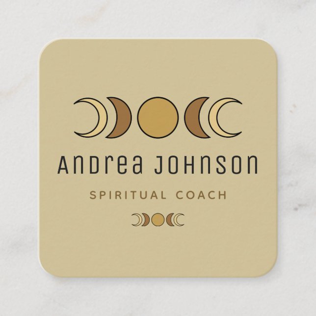 Boho Brown Moon Phases Lunar Spiritual Coach Beige Square Business Card (Front)