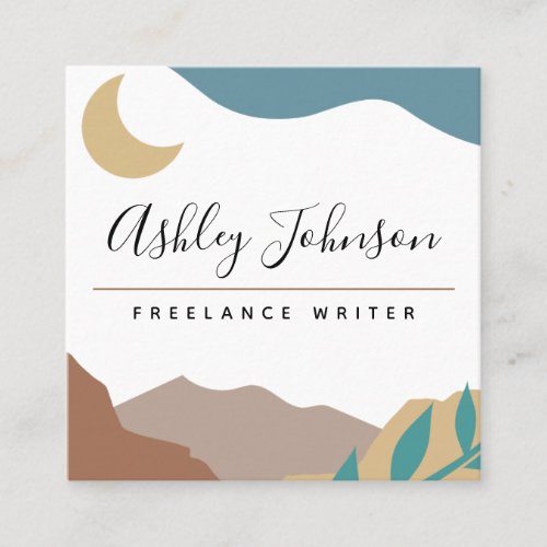 Boho Brown Mountains Moon Pastel Bohemian Abstract Square Business Card