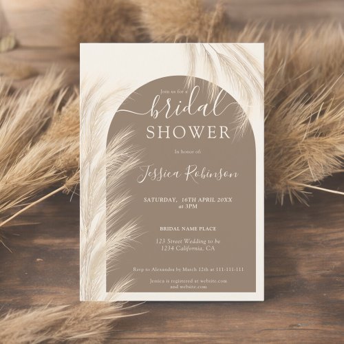 Boho brown pampas grass watercolor bridal shower invitation