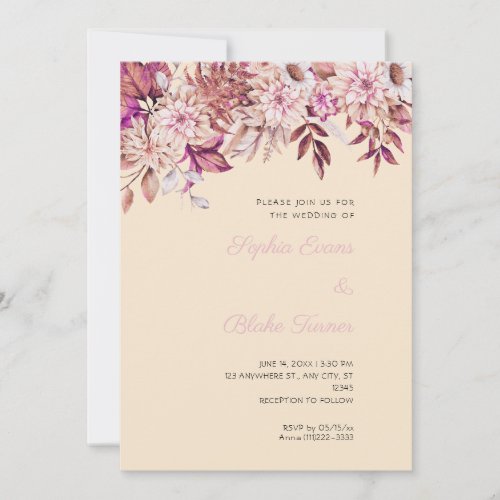 Boho Brown Pink Floral Winter Champagne Wedding Invitation