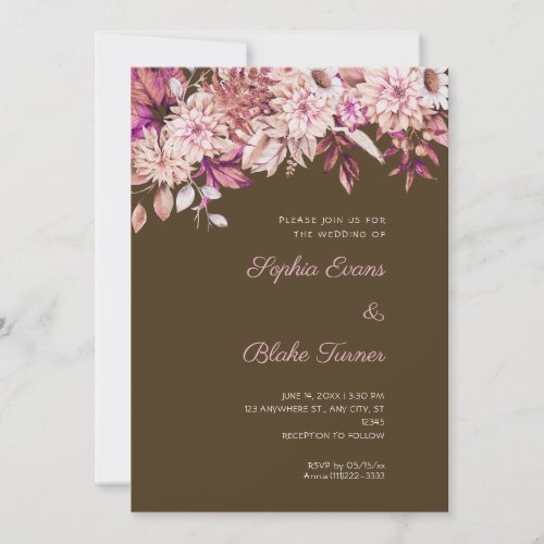 Boho Brown Pink Floral Winter Coffee Brown Wedding Invitation