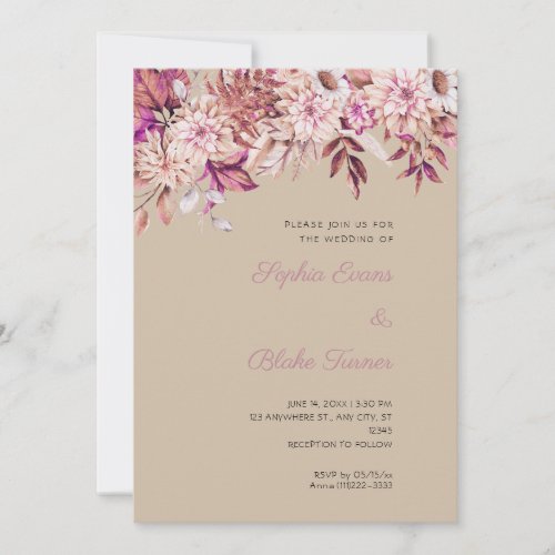 Boho Brown Pink Floral Winter Dark Vanilla Wedding Invitation