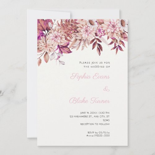 Boho Brown Pink Floral Winter Off White Wedding Invitation