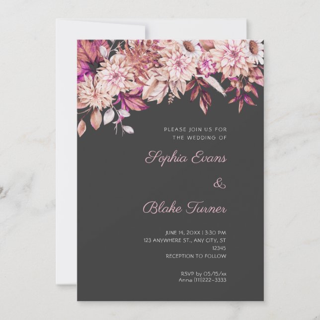 Boho Brown Pink Floral Winter Pebble Gray Wedding Invitation (Front)