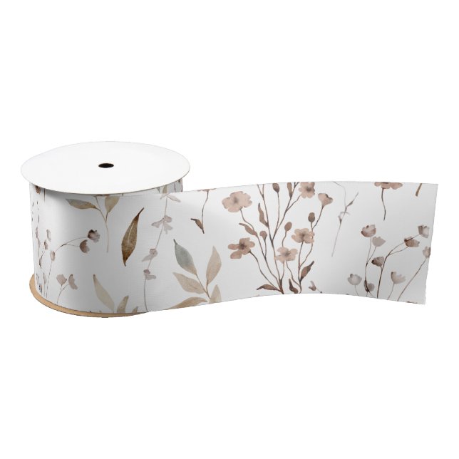 Boho Brown Pretty Floral Botanical Pattern Satin Ribbon (Spool)