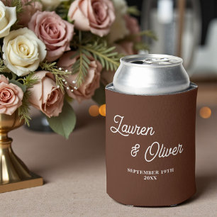 Boho Brown Script Minimalist Wedding Can Cooler