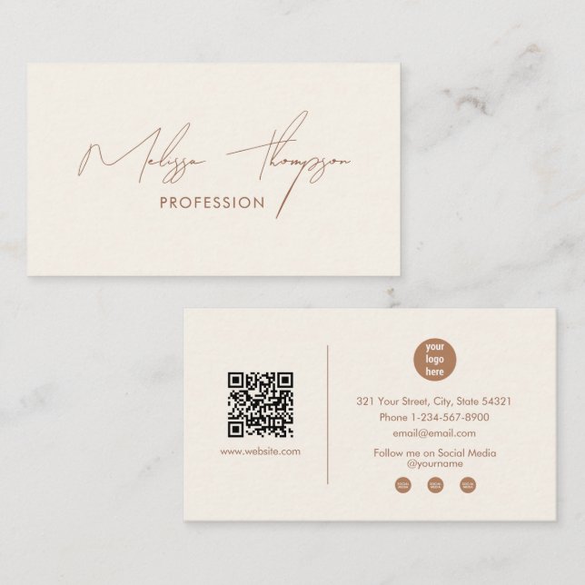 Boho Brown Signature Script Professional QR Code  Business Card (Front/Back)