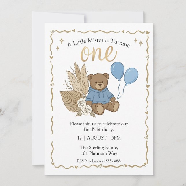 Boho Brown Teddy Bear Blue Balloons Birthday Invitation (Front)