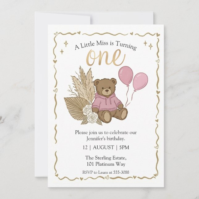 Boho Brown Teddy Bear Pink Balloons Birthday Invitation (Front)