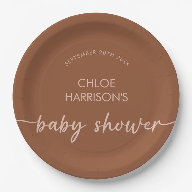 Boho Brown Terracotta Beige Script Baby Shower Paper Plates (Front)