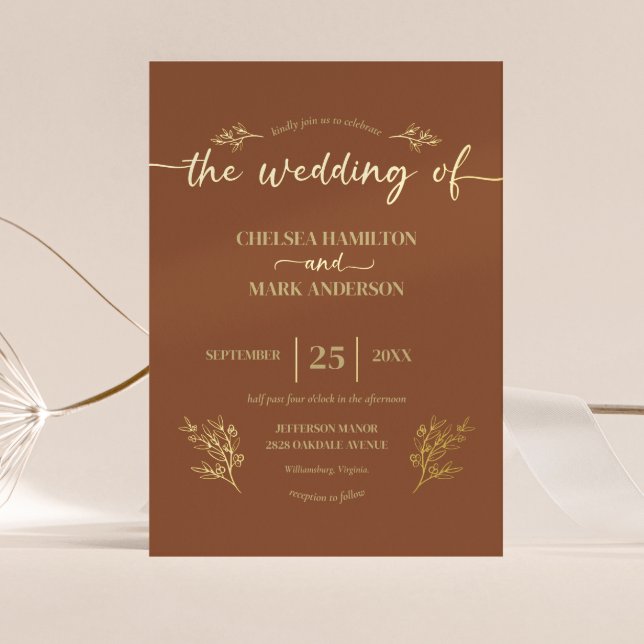 Boho Brown Trendy Script Wedding Foil Invitation (Creator Uploaded)