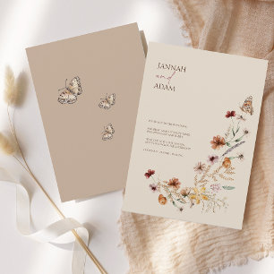 Boho Brown Wildflower Butterfly Rustic Wedding Invitation