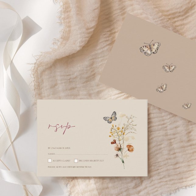 Boho Brown Wildflower Butterfly Wedding RSVP (Boho Brown Wildflowers and Butterflies Wedding RSVP Card)