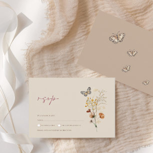 Boho Brown Wildflower Butterfly Wedding RSVP Card