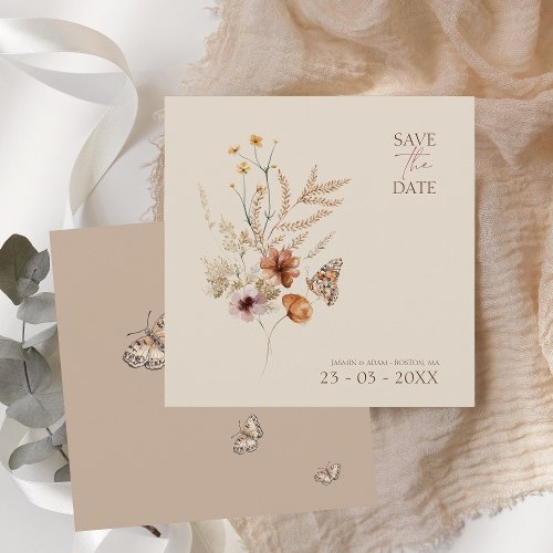 Boho Brown Wildflowers and Butterflies Wedding Save The Date